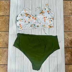Floral Bikini Top with Green High-Waist Bottoms